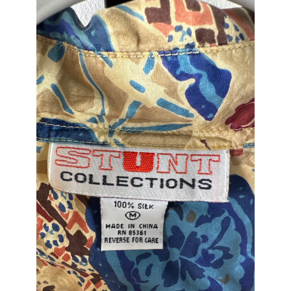 Stunt Collections Vintage 100% Silk Short Sleeve Button Down Shirt Floral Tan M - Picture 5 of 6